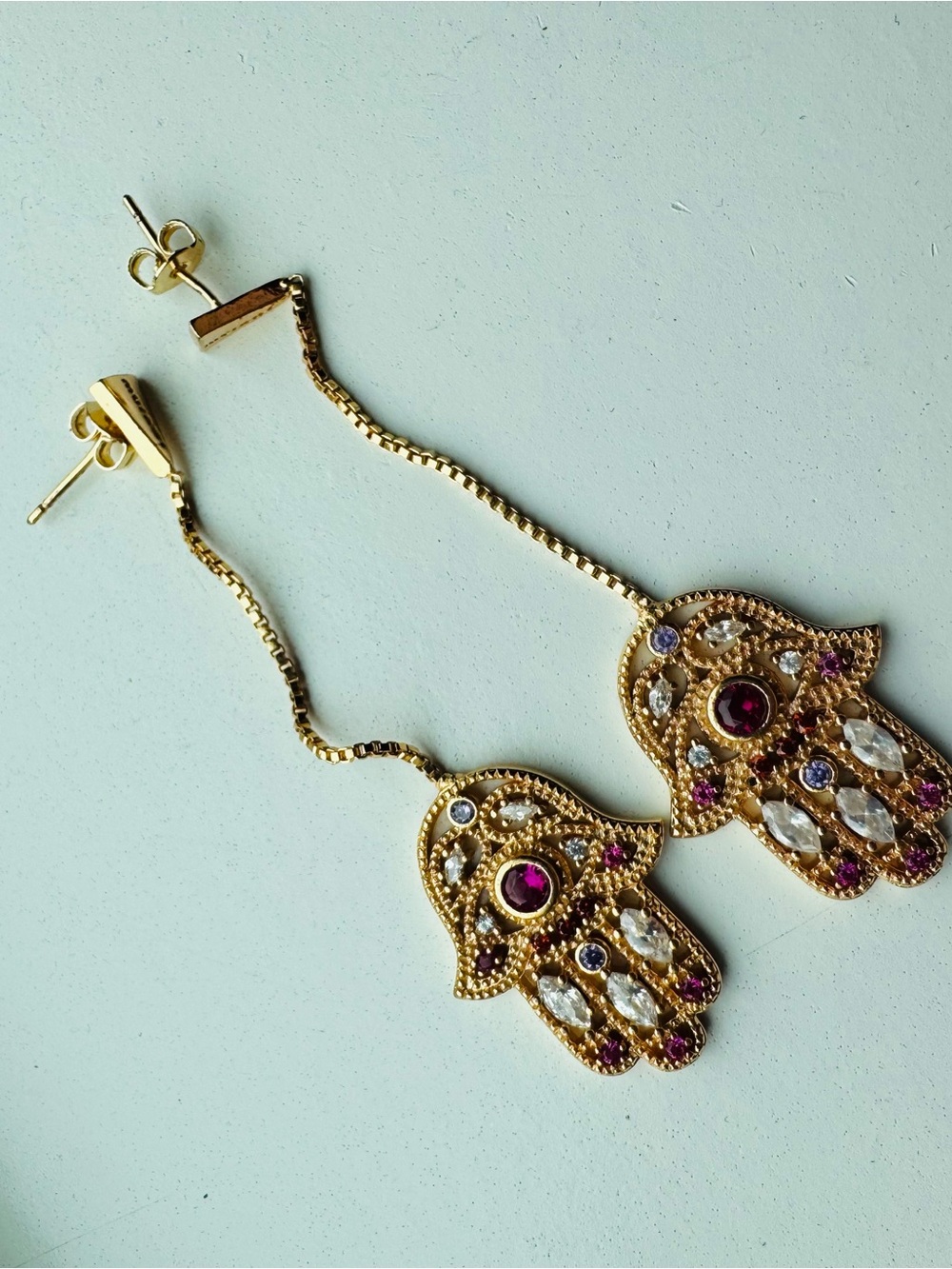 Gold Hamsa Drop Earrings with Pink-Red and Clear Stones